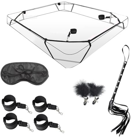 BDSMYOU Handschellen Sex Bett(8 Seiten & 12 Ringschnalle),BDSM Bondage Set,BDSM Spielzeug BDSM Möbel BDSM Set,SM Augenmaske Peitsche Nippelklemmen,BDSMs Spielzeug Hart,Fesseln Sexspielzeug für Paare