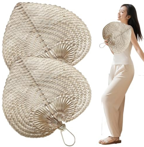 Bamboo -Handfan Bamboo -Fans, 2pcs 15x12.2 Natural Bambus, hängende böhmische Raffia -Fans, die Fans für Sommerhäuser -Hochzeitswanddekoration weben
