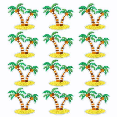FAZHBARY 12 PCS Palm Tree Patch Coconut Tree Patches Green Tree Iron On Embroidery Patch for DIY Applique Decorative Patches