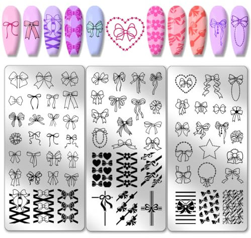 PH PandaHall 66 Patterns Bow Nail Stamper, 3pcs Nagel Stamping Platte Niedliche Bowknot-Nagelschablonen Druck-Nagelschablonen Nagelbildplatten aus Edelstahl für Nageldesign Druck Maniküre Salon