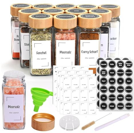 MallCreaty Gewürzgläser Eckig,Gewürzdosen 12er Set mit Bambusdeckel,120 ml Gewürzstreuer Spice Jars Gewürzbehälter mit Trichter und Gewürzetiketten,Gewürze organizer,Gewürze Aufbewahrung
