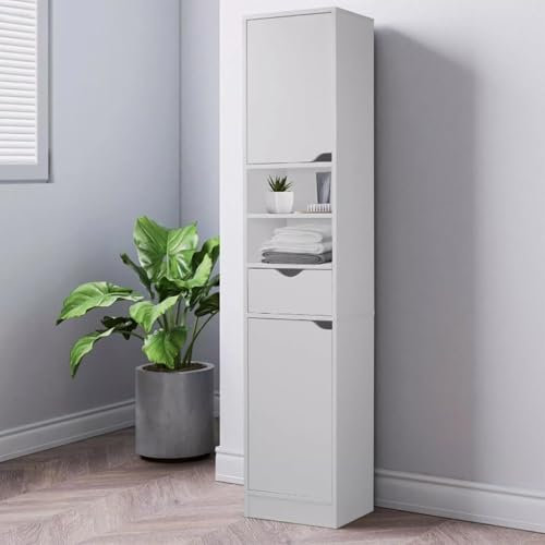 Tall Bathroom Cabinet with 8 Shelves & 2 Doors - Slim Freestanding Storage Unit (170x35x29cm) | Space-Saving White Organiser for Bathroom, Hallway & Living Room