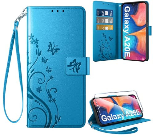 Coiwxmoi Coque pour Samsung Galaxy A20E + 1 Verre Trempé, Retro Design Housse Premium en Cuir PU Pochette de Portefeuille pour Porte Cartes Fonction Stand Flip Etui pour Samsung A20E, Bleu