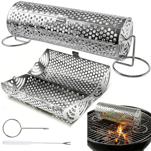 Wesoke Rollender Grillkorb Runde Grillkörbe, Großer Campinggitter-Grillrost Drehbarer Grillkäfig, Edelstahl-Grillnetzrohr zum Grillen im Freien, Grillzubehör Werkzeuge Geschenk für Männer