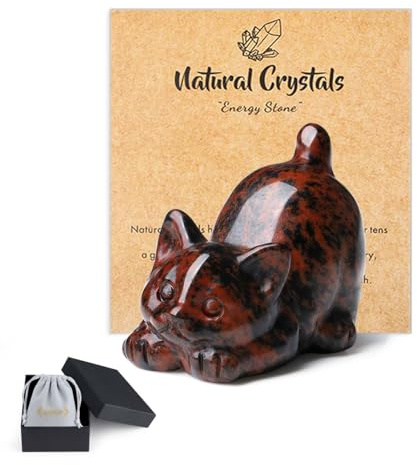 QINJIEJIE Red Obsidian Crystal Cat Ornaments Cat Gifts for Women | Good Luck Cats Themed Statue Home Office Desk Decor, Spiritual Crystal Gifts for Lovers Men Christmas Presents