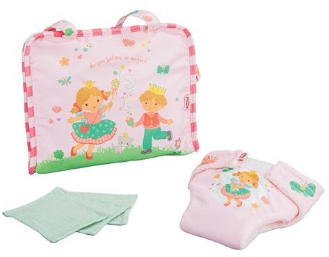 Heless 560 - Puppenzubehör Wickeltasche ''Prinzessin Emily'', in Rosa, mit Tragegriff, Stoffwindeln und 3 Stück Mulltüchern