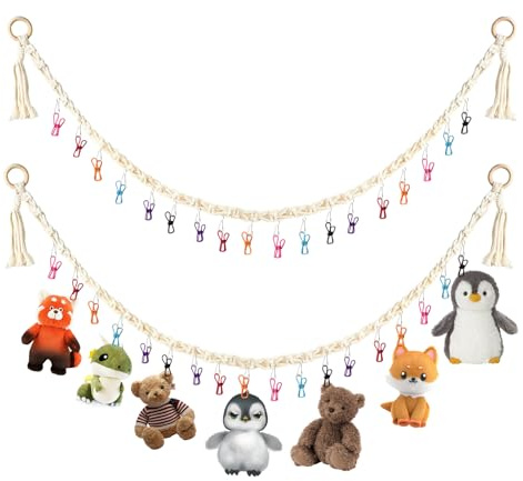 2 Stück Stofftier Aufbewahrung, 200cm lang Kuscheltier Plüschtier Aufbewahrung Boho Stofftierhalter Hängender mit 40 Clips Netz für Kuscheltiere Spielzeug Fotos Deko