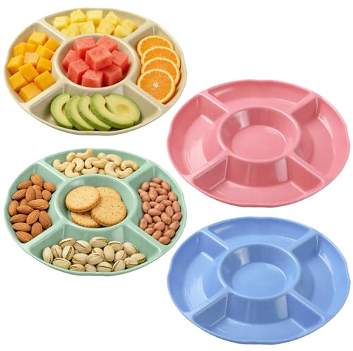 Kryndle 4 Pack Snack Trays, 5 Compartment Stackable Plastic Trays | Reusable Snack Plate For Nuts, Appetizers, Fruits, Desserts, Vegetables