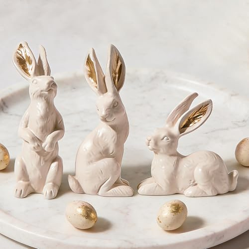 DN DECONATION Osterhasen-Figuren Set aus 3 - Beige & Gold Hasen-Statuen aus Harz für Tischdeko & Fensterbank, Moderne Osterdeko & Frühlingsdeko für Regal, Kamin und Wohnzimmer