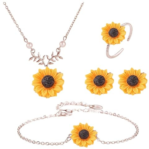 QITHGYD 4 Stück Sonnenblumen Schmuckset für Damen, Halskette, Ohrringe, Ring & Armband, Blumen Kostüm Damen Accessoires, Sommer, Strand, Festival, Hochzeit, Geschenk für Blumenkostüm Fans