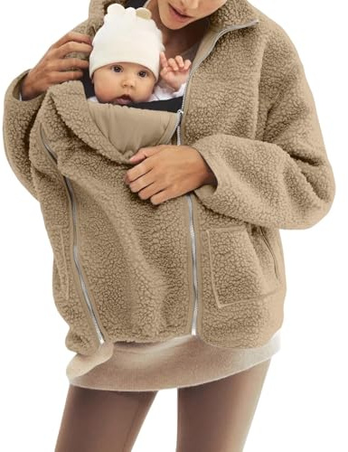 Lxitoler Umstands Baumwolljacke Winter Warm Teddy Fleecejacke mit Kapuze mit Taschen Langarm Känguru Umstandsjacke Jackenerweiterung
