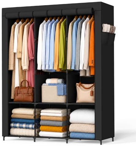 Newthinking Fabric Canvas Wardrobe, Temporary Wardrobe with Hanging Rail | 162x124x43cm, Portable Temporary House Bedroom Wardrobe, 6 Compartments, 2 Side Pockets, Zipper Opening and Closing, Black