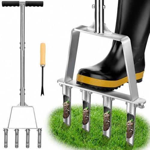Qdreclod Rasenlüfter aus Edelstahl, 4 Zinken Hohlzinken, Manueller Rasenbelüfter & Aerifizierer für Verdichteten Boden, Lehmboden & Sandboden, Verstopfungsfrei für Hobbygärtner & Rasenpflege