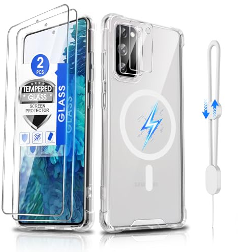 Dizn Magnetic for Samsung Galaxy S20-FE 5G Phone Case: 2 Screen Protector,2 Camera Lens Protector,Compatible with MagSafe,Strap,Anti-Yellowing,Reinforced Corners,Military-Grade Shockproof,S20FE,Clear