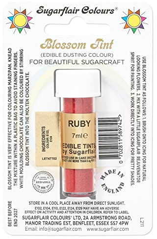 Sugarflair Blossom Tint Ruby Food Colouring and Dusting Powder, Matt Finish, Brush On or Mix with Rejuvenator Spirit to Create a One of A Kind Cake - 7ml