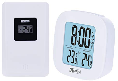 EMOS Digitales Thermometer mit Außensensor, Innen- und Außenthermometer mit Funkuhr, Wecker mit Snooze und Kalender