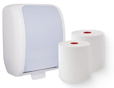 Blanc HYGIENIC Set: Handtuchrollenspender Autocut, Blanc Cosmos 2 Handtuchrollen Premium TAD - PRODUKTSET Farbe Weiß