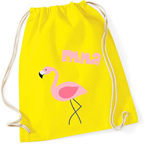 minimutz Turnbeutel mit Namen | Motiv Flamingo Vogel | inkl. NAMENSDRUCK | Stoffbeutel Hipster-Rucksack für Kinder & Mädchen in rosa pink lila (gelb)