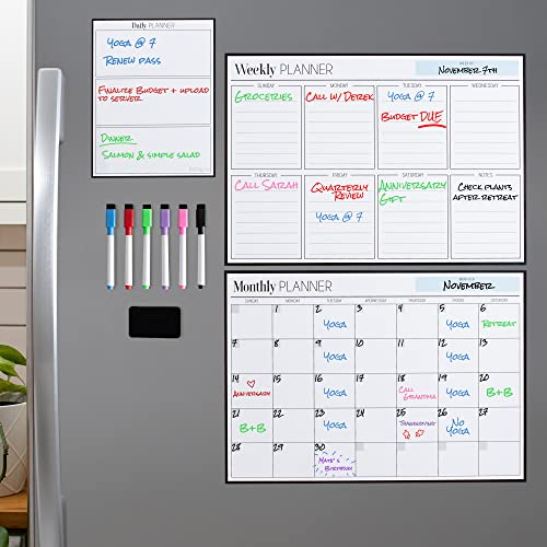 Magnetic Dry Erase Calendar Bundle for Fridge: 3 Boards Included - Monthly, Weekly, Daily Calendar Whiteboard 17'x12-6 Fine Tip Markers and Large Eraser with Magnets, Refrigerator White Board Wall