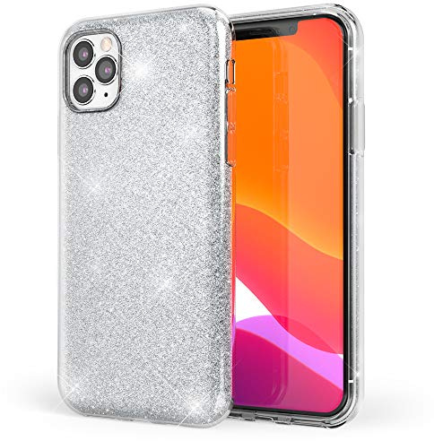 NALIA Glitzerhülle für iPhone 11 Pro - Grip - Hülle, Silber | Partikel fest im Material eingeschlossen, 3-Schicht-Schutzaufbau mit Hardcase-Kern, Erhöhter Kamerarand, SHINEPOP
