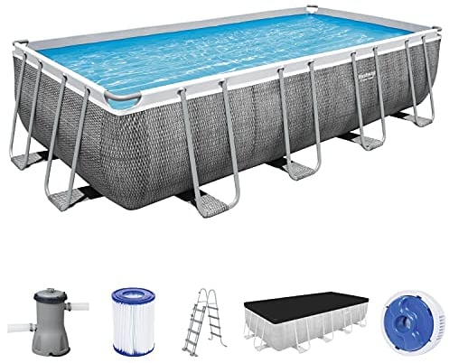 Bestway Power Steel Frame Pool Komplett-Set mit Filterpumpe 488 x 244 x 122 cm, Rattan-Optik (Schiefergrau), eckig
