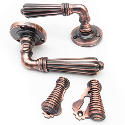 Jones & Grey Regency Reeded Lever Door Handles & Escutcheon Lock Covers Antique Copper