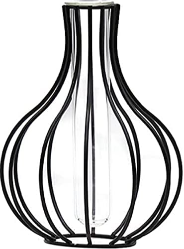 qiuqiu Nordic Wrought Iron Lantern-shaped Flower Vase Glass Tube Metal Wire Holder for Wedding Decoration-Black