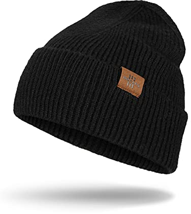 Knit Beanie for Men, Stretchy Soft Warm Daily Cuffed Winter Hats, Unisex Comfortable Wooly Beanie Gifts for Men/Him/Dad, Black