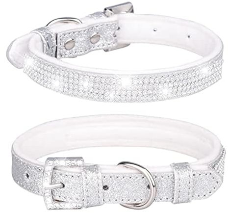 haoyueer Cute Dazzling Sparkling Leather Dog Cat Rhinestone Collar Crystal Diamond Pet Dog Puppy Collar … (M, Silver)