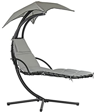 Brigros Estosa - Poltrona sospesa con tettuccio Dondolo da Giardino e casa Lettino Prendisole in Metallo con Tettuccio a Foglia e Cuscino Incluso massima Portata 150 kg (Ecru)