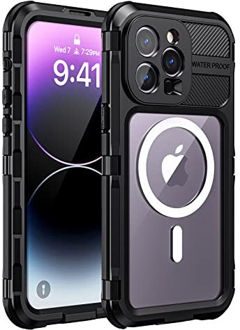 seacosmo Magnetic for iPhone 14 Pro Max Case Compatible with MagSafe [with Screen Protector] IP68 Waterproof Shockproof Full Body Military Protective Hard Metal Back Clear Phone Cover- Black