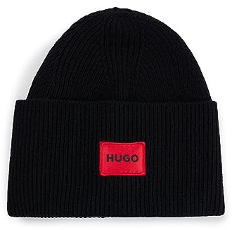 HUGO Herren Xaff 6 Gerippte Mütze mit rotem Logo-Label Schwarz001 Stck