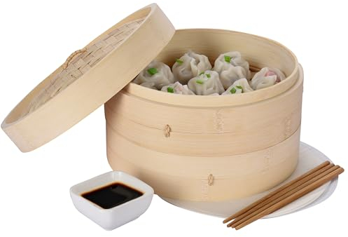 Vdomus Bamboo Steamer Basket - 10 inch Dumpling Steamer, Dim Sum & Bun Steamer with Chopsticks - Bao Bun Steaming Basket for Delicious Chinese or Asian Cuisine - Natural Wood, Brown, Round Shape