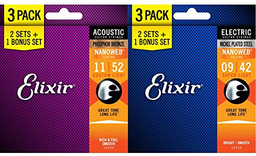 Saiten für Akustikgitarren, Elixir 16544 Nanoweb, Bronze 11–52, 2 Sets und ein Bonus-Set & 16540 Electric 009/042, 3 Sets in einer Verpackung