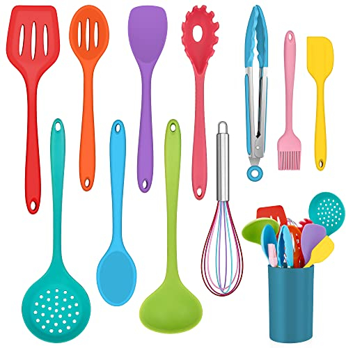 Küchenhelfer Set, Onader 12 teiligs Silikon Kochutensilien Kochbesteck Set, Antihaft Hitzebeständiger Kochgeschirr Küchenutensilien Set mit Utensilienhalter, Spülmaschinengeeignet - Bunt