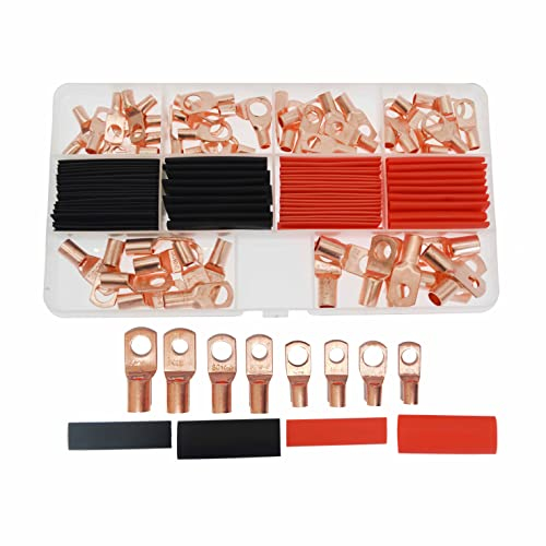 Surriba Ring Copper Tube Terminals with Heat Shrink Connectors Set, Cable Lugs 12v Battery Terminal Connectors for Electric Auto Cable 10 8 6 4 AWG 120PCS