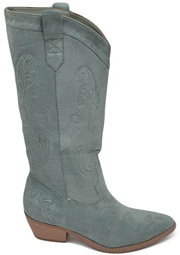 Stivali Texani camperos Donna trasversali camoscio Verde Salvia Tacco Western Legno 3 Cuciture in risalto Moda Tendenza (39 EU)