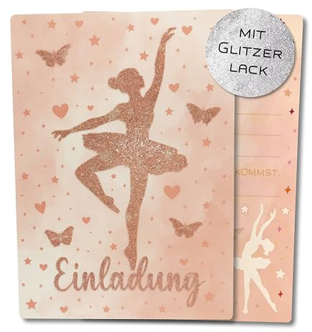 Ballerina Einladungskarten Kindergeburtstag Mädchen, 10 Stück Glitzerlack | Zartes Design mit Herzen und Schmetterlingen, Karten zum Ausfüllen für die Geburtstagsfeier, ideal für Mädchen
