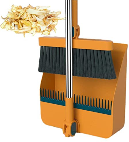 Juego de escoba y recogedor con mango largo | Escoba giratoria de 180 grados y recogedor | Juego de barredora y recogedor para casa, oficina, vestíbulo, comedor, baño, garaje