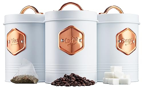 Cooks Professional 3 Piece Tea Coffee Sugar Cannister Set | Labelled Storage Tins | Containers with Airtight Lids | Canisters for Kitchen Accessories & Essentials | White & Copper