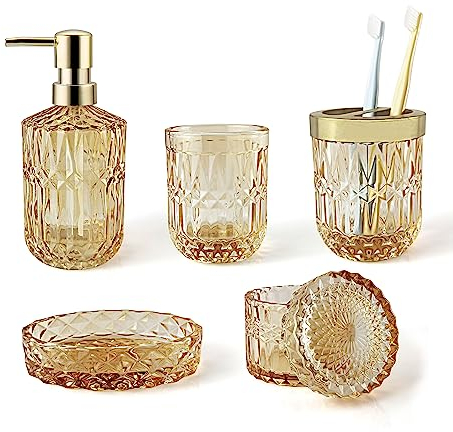 LaMarriti Lot de 5 accessoires de salle de bain en verre doré transparent, distributeur de savon, porte-brosse à dents, porte-savon, gobelet, support Qtips pour décoration de salle de bain, or jaune