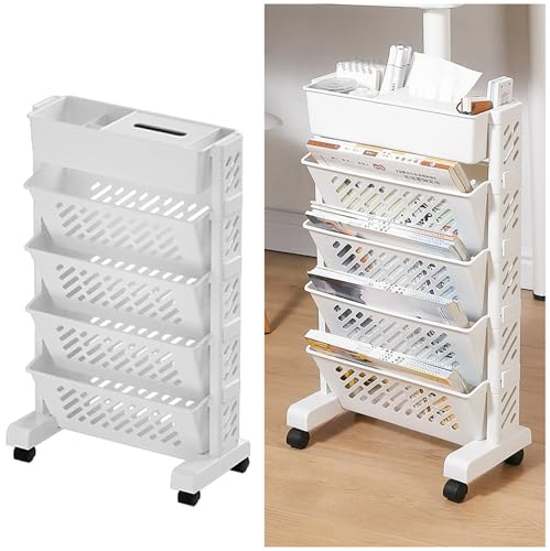 NUODWELL Mobiles Bücherregal mit Rollen, mehrlagiges Schreibtisch-Bücherregal, drehbar, Rollregal, Organisationsregal für Schule, Klassenzimmer, Zuhause (5 Etagen)