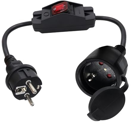 HuaLiSiJi Cable D'extension Schuko avec Interrupteur 16A 250V Rallonge électrique Courte Schuko,Câble Court 2 AC Prise IP44 pour Une Utilisation Extérieure ou Intérieure, à La Maison, Au Bureau (0.5)