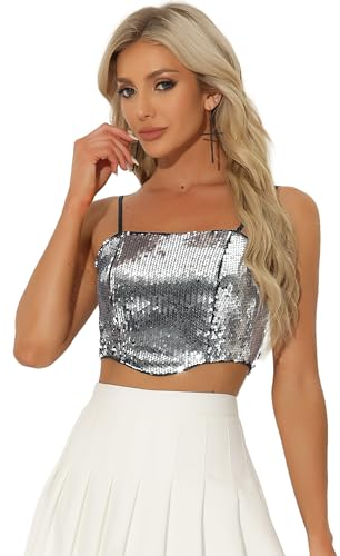 Allegra K Damen Pailletten Oberteil Spaghettiträger Geschwungener Saum Party Crop Camisole Glitzer Top Silber S
