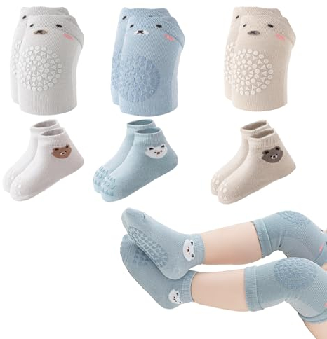 Rodilleras Gateo Bebe, 3 Pares Calcetines Antideslizantes y 3 Pare Rodilleras para Bebés Antideslizantes para Niños Pequeños Rodilleras Bebe Gateo Unisex Protector de Rodilla Antideslizante Knee Pads