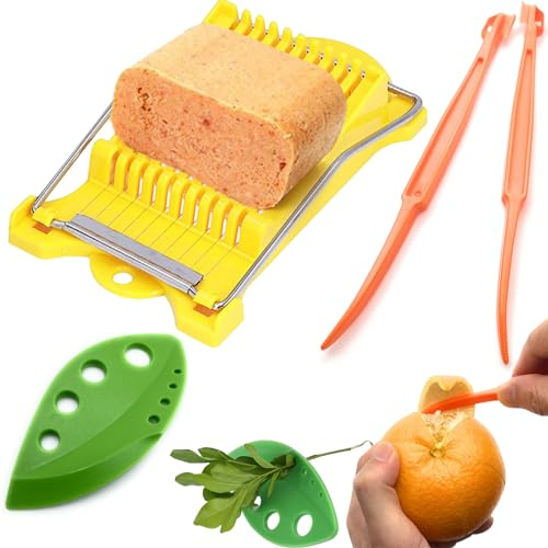 Egg slicer, Spam Slicer, Spam Cutter, Lunch Meat slicer, SS Wire Cutter for Hard Boiled Eggs, Strawberry, Banana + 2 Citrus Orange Peeler Tool + Chard, Kale, Collard Greens and Herb Stripper(4 Pack)