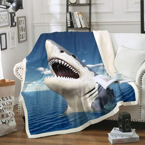 Kuscheldecke 120x150 cm 3D Hai, Wolldecke Meeresthema Flauschige Fleecedecke, Warme Sherpa Decke Wohndecke Sofadecke, für Tagesdecke Blanket Couchdecke YY1215
