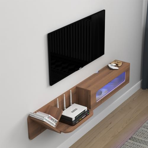 Pmnianhua Rustic Floaing TV Stand with LED Lights,66'' Wall Mounted Media Console,Floating Entertainment Center,Floating Shelf with Glass Door and Storage for Under TV Projector(White)