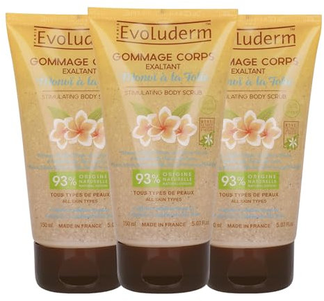 EVOLUDERM - Gommage Corps Exaltant Monoi à la Folie - 150 ml - 93% d’Origine Naturelle - Végan - Fabrication Française - Lot de 3 x 150 ml
