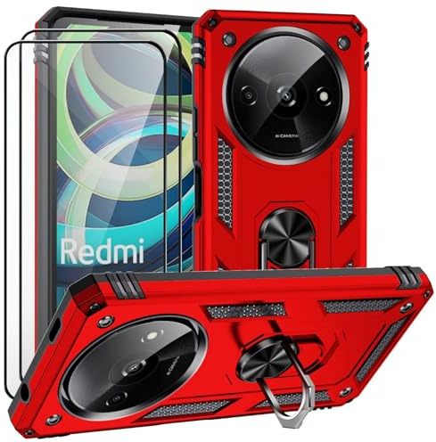 CLYDITE Coque pour Xiaomi Redmi A3 4G Rouge étui Protection avec 2 Verre Trempé Support Armure Robuste Antichoc Silicone TPU 360 degré Cas de téléphone de Voiture Bumper